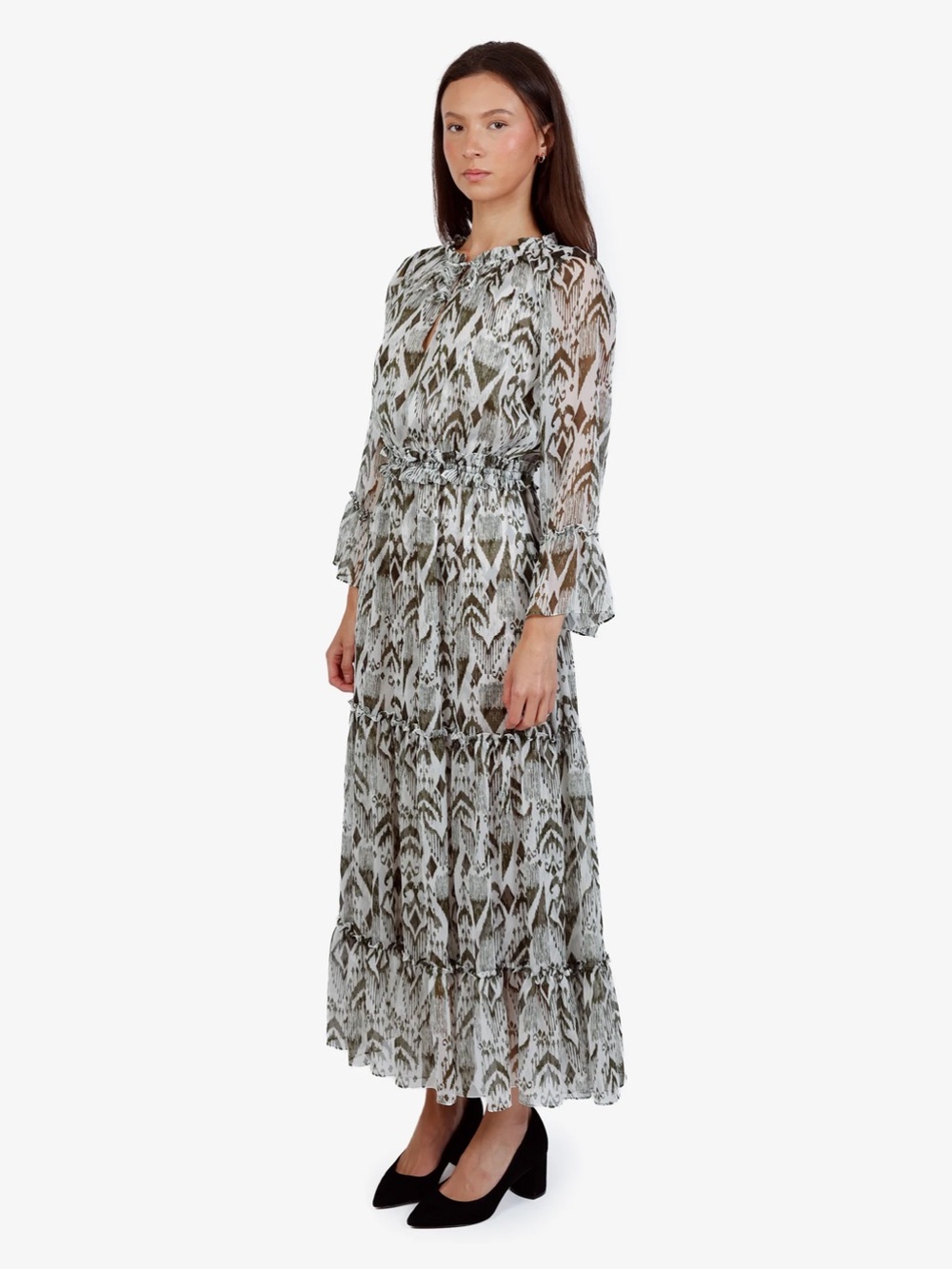 Misa Los Angeles Olive & White Tiered Printed Maxi Dress